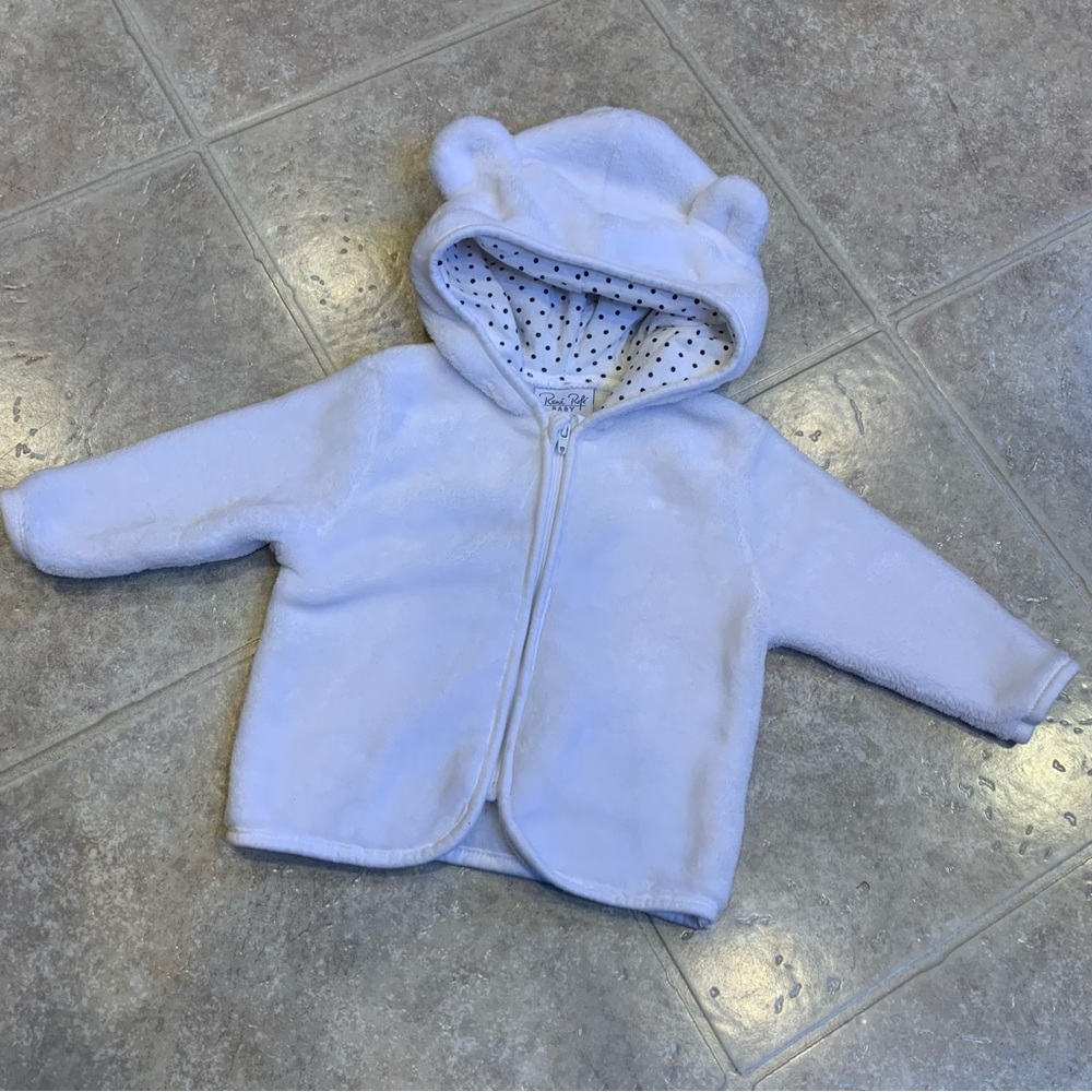 Baby Girl White Plush Zip Up Hoody with Ears, 3-6 Months